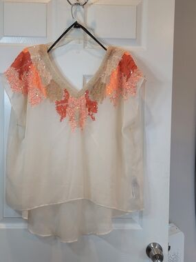 Marciano Sheer Embellished V-Neck Cream Flowy Top with Coral Sequin Shoulder